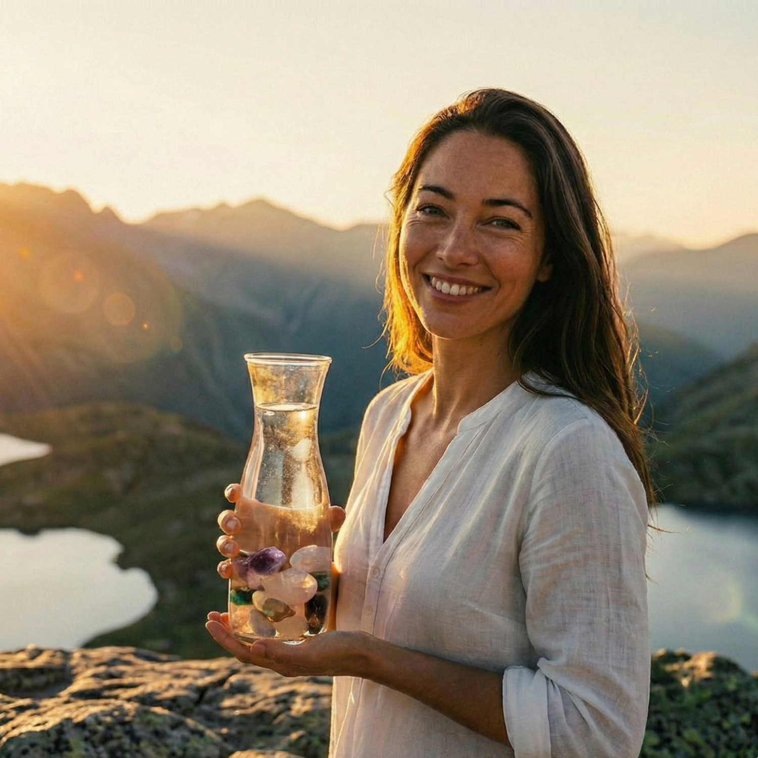 Eine Frau hält eine Karaffe mit Wasser mit Heilsteinen in der Hand