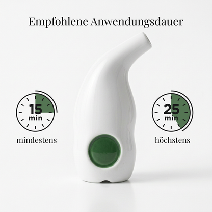 SaltPipe Keramik-Salzinhalator in Weiß mit grünem Punkt, daneben zwei Timer: empfohlene Anwendungsdauer mindestens 15, höchstens 25 Minuten