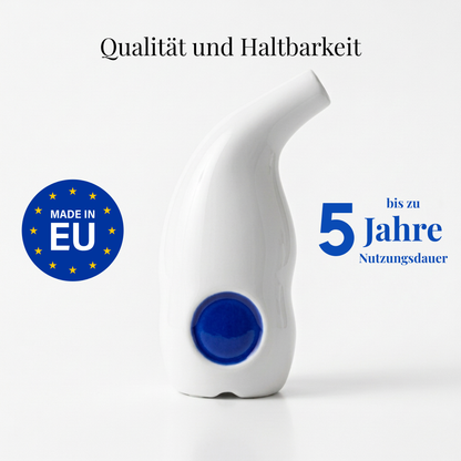 SaltPipe Keramik-Salzinhalator in Weiß mit blauem Punkt, hergestellt in der EU, Salzfüllung bis zu 5 Jahre nutzbar